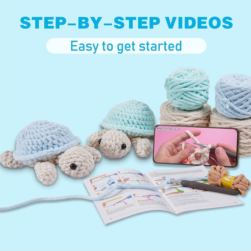 Eelexa Crochet Kit for Beginners, Amigurumi Crocheting Animal Kits, with Step-by-Step Video Tutorials for Kids Adults Beginner - 2 Pack Turtles - Image 2